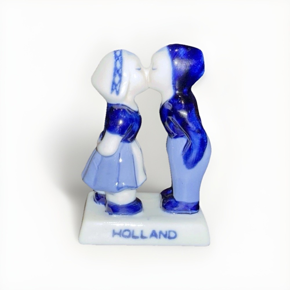 Vintage Delft Blue Ceramic Kissing Dutch Boy and Girl Figurine Holland Souvenir